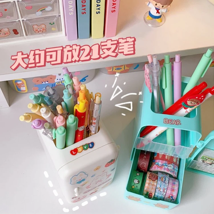 Wholesale Refrigerator Shaped Cute Cartoon Plastic Kawaii Pen Holder with Stickers for Kids Students