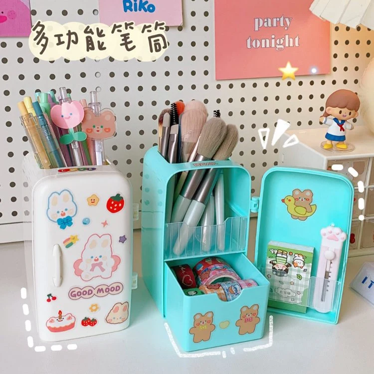 Wholesale Refrigerator Shaped Cute Cartoon Plastic Kawaii Pen Holder with Stickers for Kids Students