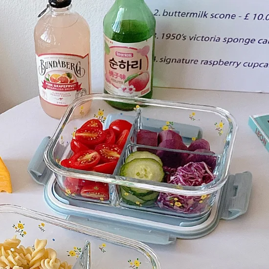 1400ml Accueil Lunch Box Micro-ondes Verre Bol Stockage Bac À Légumes En Verre Avec Couvercle